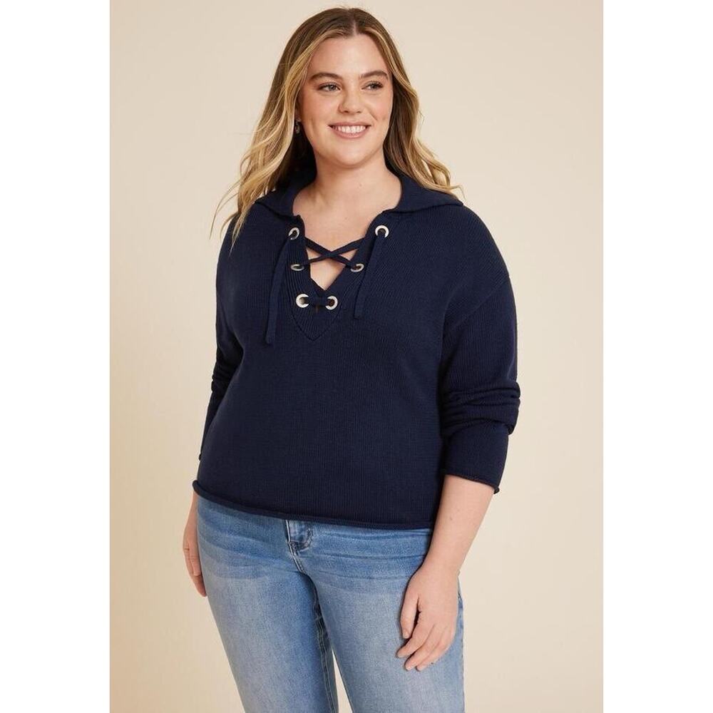 Maurices Lace Up Collared Sweater Navy Blue Womens Plus Size 2X